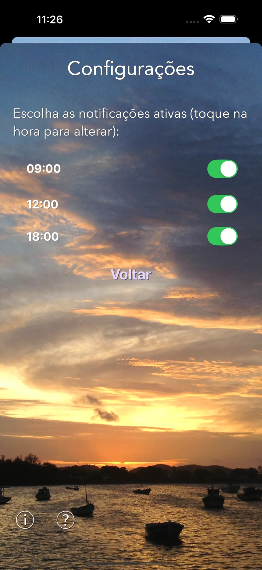 Tela de configurações do Hora de Agradecer mostrando os lembretes de 9h, 12h e 18h